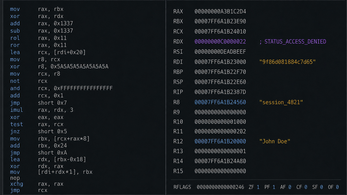 Illustration of obfuscated code in a debugger